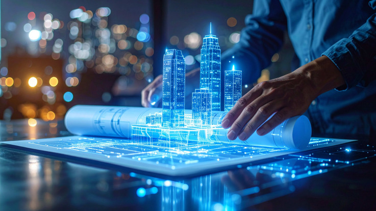 En person som rör vid en surfplatta med en stad i bakgrunden.