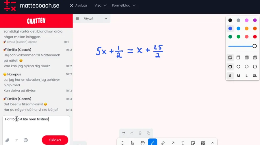 Webbsidan mattecoach.se med en formel skriven för hand med digital penna