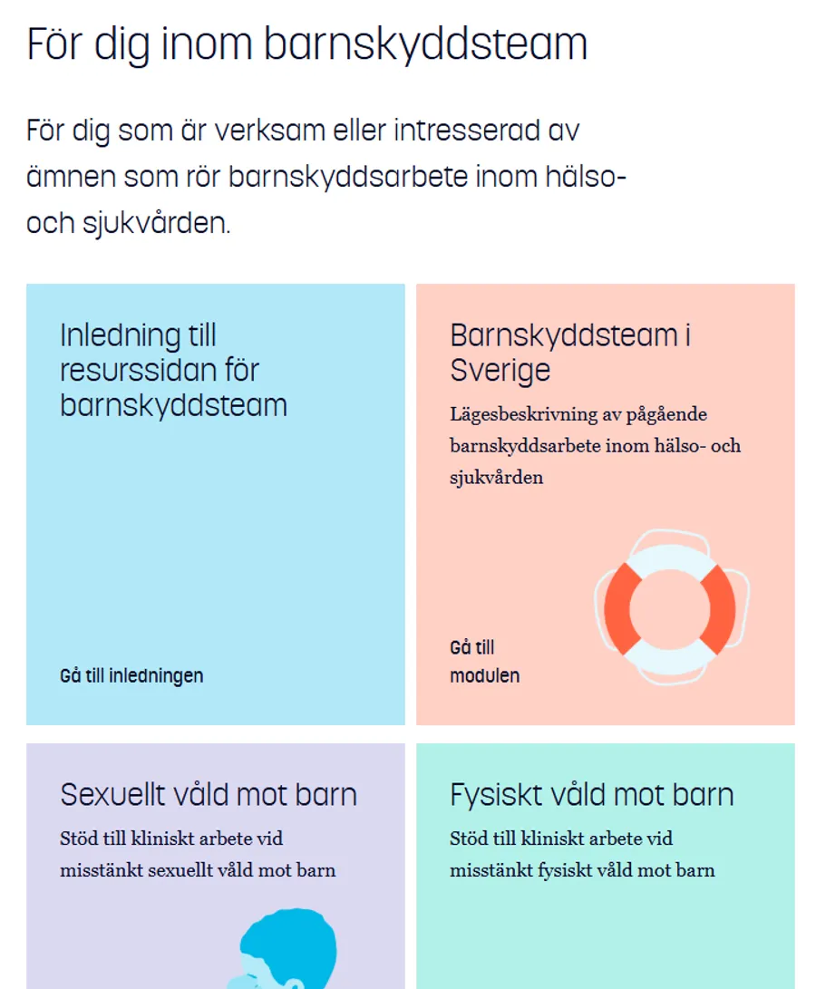 Skärmbild av resurssidan för barnskyddsteam.