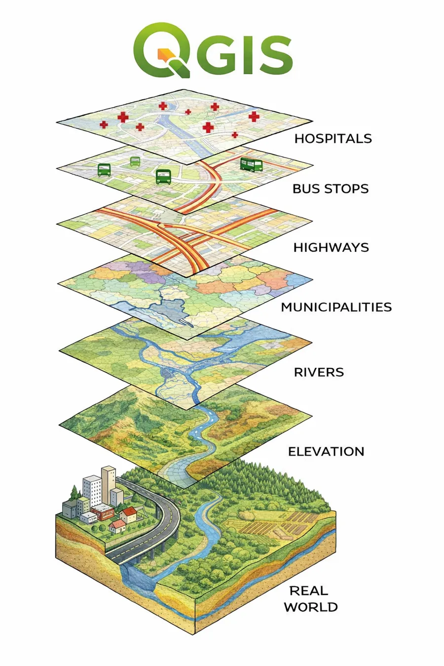 Visualisering av datalager i QGIS ovanpå en tecknad landyta
