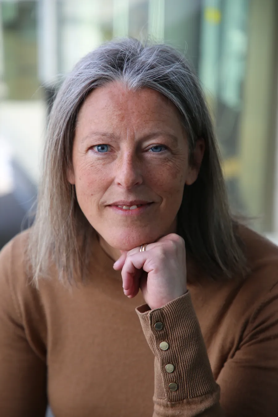 Porträtt Helen Brink som bär en brun tröja.