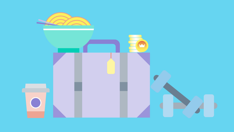 Illustration för studentekonomi med nudlar, kaffemugg, resväska, mynt och träningsredskap.